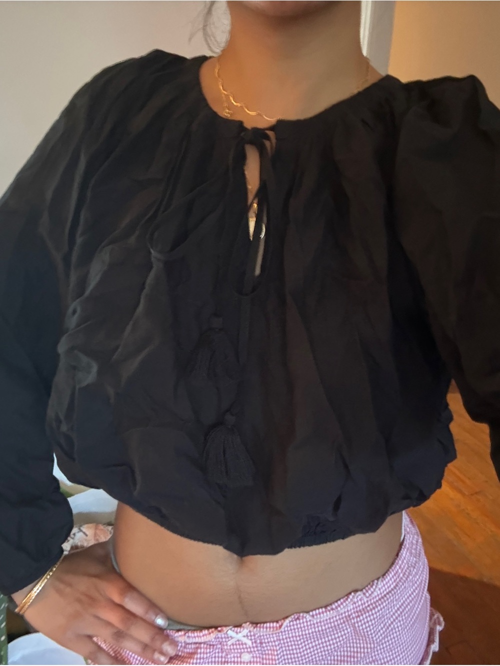 J. Crew Black Long-Sleeve Tassel Crop Top